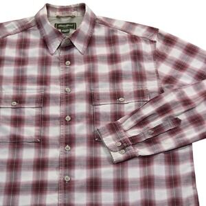 Eddie Bauer Mens Tall Large Red Tan Plaid Long Sleeve Button Up Shirt‎ Cotton